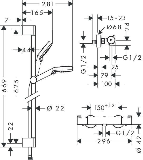 Image du produit Combi douche Vario avec barre 65 cm / Ecostat 1001 CL Crometta